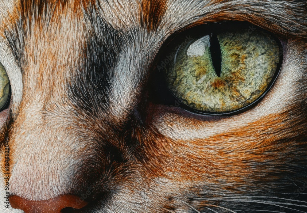 Poster close-up of a beautiful cat's eye with intricate color patterns and textures, capturing the depth an