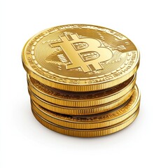 Professional composition showcasing three gold bitcoin coins on white background