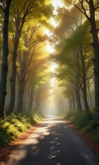 Fototapeta premium Winding forest road with trees on both sides and sunlight filtering through leaves , winding road, scenery, woodland