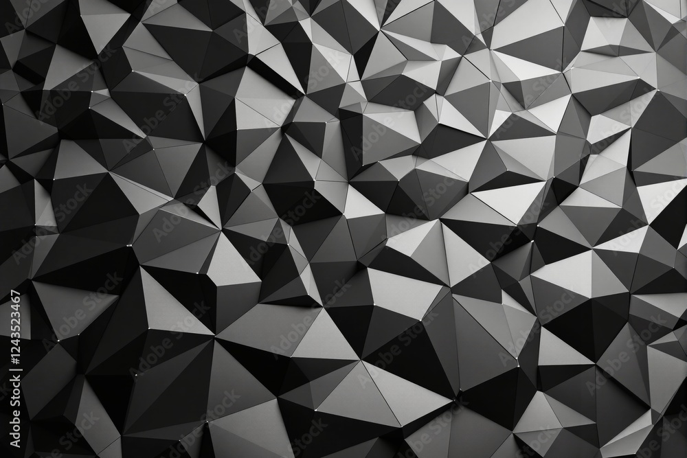 Poster Geometric black and gray low-poly background with sharp triangular patterns.