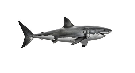 Fototapeta premium white shark captured in a dynamic swimming motion, its sleek body and powerful tail cutting through the empty white space