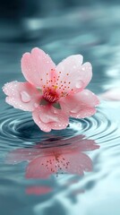 cherry blossom elements and pattern. A delicate pink flower floats on calm water, creating beautiful ripples, reflecting serenity and nature's beauty.