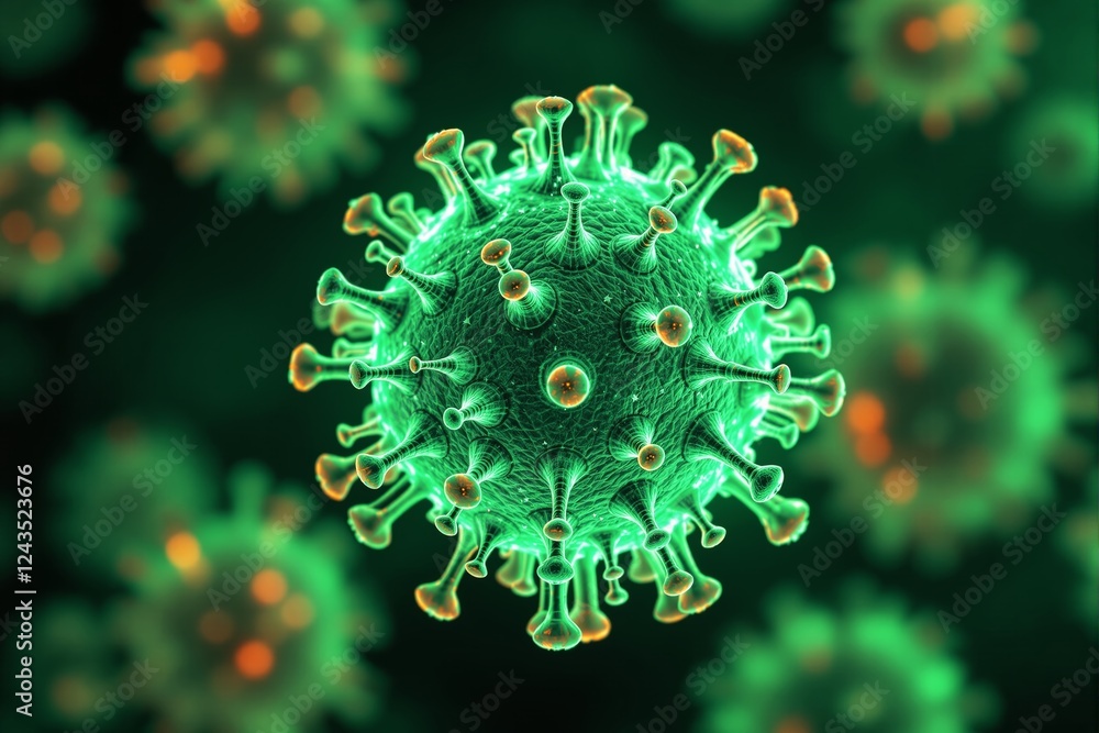 Poster Close-up of a green virus particle with spiked surface against a dark green blurred background.