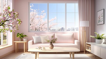 minimalist, living room, interior, design, living, room. A bright, airy living room featuring a pink color scheme, comfortable sofa, and a view of blooming trees through a large window.
