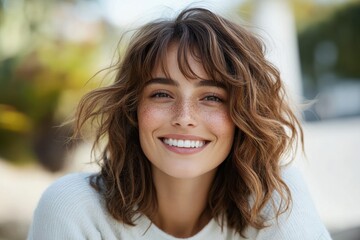 Fototapeta premium A radiant young woman smiles widely, her vibrant energy captured in a beautifully lit outdoor scene, showcasing her carefree spirit and infectious happiness in nature.