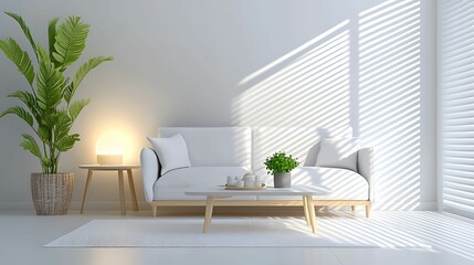 minimalist, living room, interior, design, living, room. A minimalist living room featuring a white couch, a green plant, and soft lighting casting striped shadows on the wall.