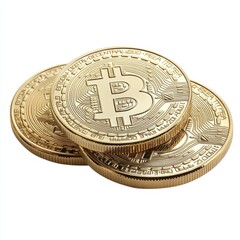 Bitcoin coins on white backdrop with soft lighting