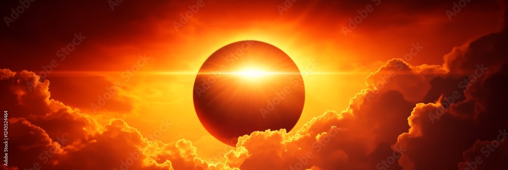 Poster Bright sun emerges from behind the moon, creating a diamond ring effect during a total solar eclipse with orange clouds and sky in the background