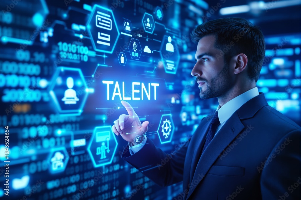 Poster businessman interacting with digital talent search interface.