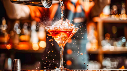 The Art of the Cocktail:  A skilled bartender expertly pours a vibrant red cocktail into a martini glass, the ice cubes clinking with a satisfying sound.