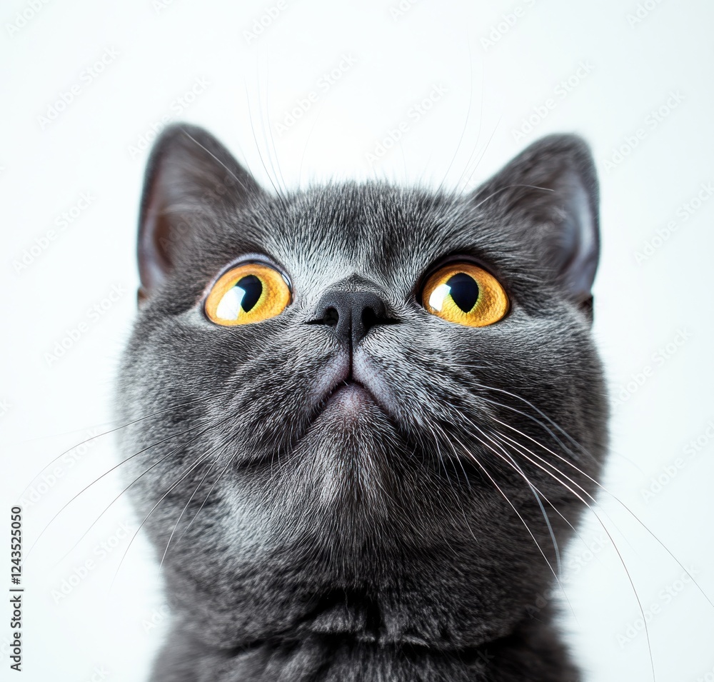 Poster close-up portrait of a curious grey cat with large yellow eyes against a soft neutral background cap