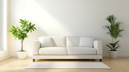 minimalist, living room, interior, design, living, room. A modern, minimalistic living room featuring a white sofa, decorative pillows, and potted plants on a light wooden floor.