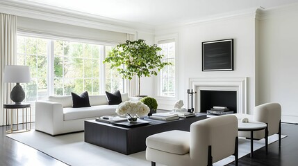 minimalist, living room, interior, design, living, room. A modern, bright living room featuring a white sofa, contemporary decor, a coffee table, and large windows with greenery outside.