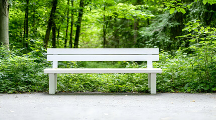 Fototapeta premium White park bench in lush green forest; tranquility
