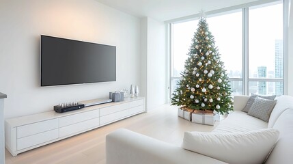 minimalist, living room, interior, design, living, room. A modern living room featuring a stylish white couch, a sleek TV unit, and a beautifully decorated Christmas tree by large windows.