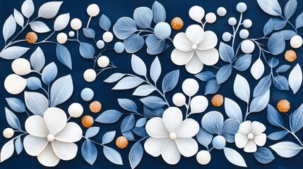 Artistic berries watercolor minimalist detailed paint. A beautiful floral design featuring blue and white flowers with green leaves and orange accents against a dark background.