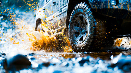 Off-Road Adventure: Mud splattered tires of an off-road vehicle splashing through a puddle, showcasing the thrill of adventurous driving. 