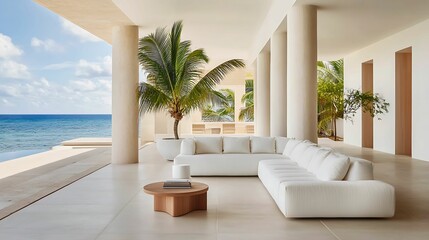 Naklejka premium minimalist, living room, interior, design, living, room. A serene beachfront lounge with modern white furniture, surrounded by palm trees, offering a stunning ocean view.
