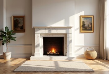 Gold Frame Art Living Room: Marble Fireplace, Flickering Fire, Cream Rug, Vintage Paintings, Photorealistic, Minimalist, Subdued Colors, Serene, Modern.

