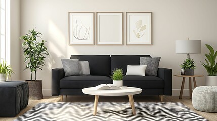 minimalist, living room, interior, design, living, room. A modern living room featuring a black sofa, decorative pillows, plants, a stylish coffee table, and framed artwork on a light-colored wall.