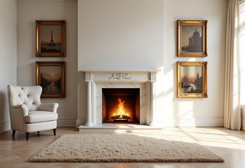 Fototapeta premium Serene Living Room: Marble Fireplace, Flickering Fire, Cream Rug, Vintage Paintings, Gold Frames, Photorealistic, Minimalist, Subdued Colors, Harmonious.