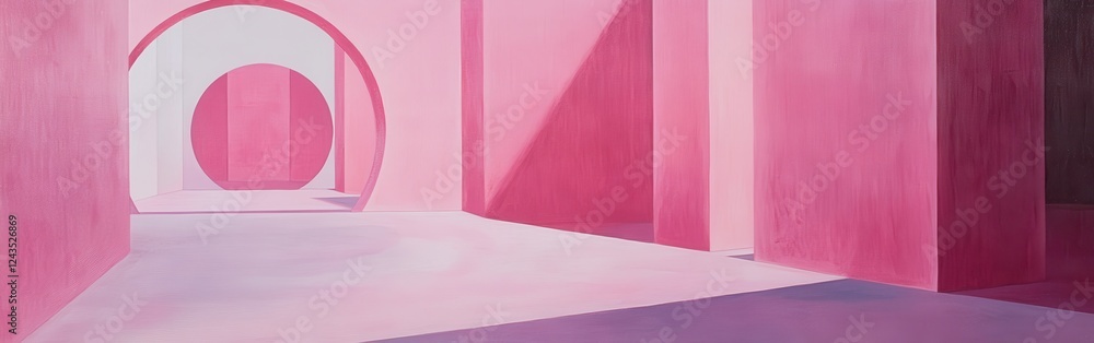 Poster soft geometry of pink hues creates a tranquil space in a contemporary architectural setting