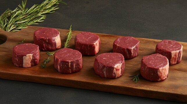 Neatly Arranged Raw Black Angus Prime Meat Steaks Including Machete Blade on Bone Striploin Rib Eye Tenderloin Fillet