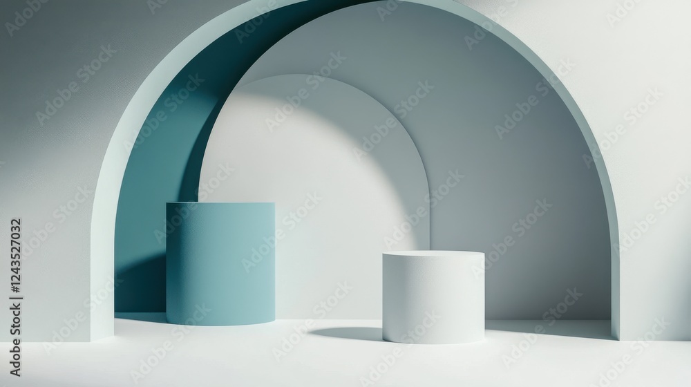 Poster smooth pastel gray and teal arcs blend in a minimalist interior design space showcasing modern forms