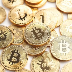 Dynamic balanced arrangement of gold bitcoins in bright setting