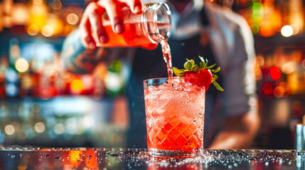 Strawberry Cocktail: A skilled bartender meticulously crafts a refreshing strawberry cocktail, pouring a vibrant pink concoction into a glass adorned with a fresh strawberry slice.