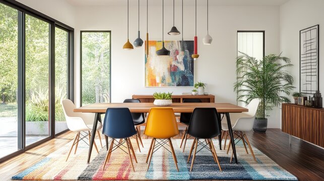Modern dining room with colorful chairs and hanging lights.