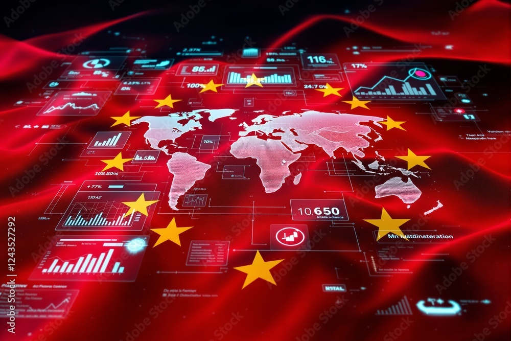 Poster Global economic data visualization over China flag background with digital charts and world map concept.