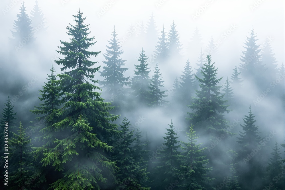 Aufkleber mystical foggy evergreen forest with tall trees in soft light.