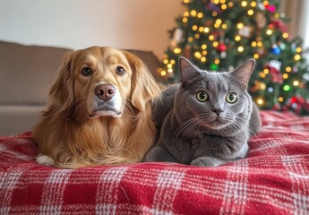 Cozy Companions: A Golden Retriever and a Gray Cat Relaxing Together on a Red Checkered Blanket in Front of a Christmas Tree with Colorful Ornaments