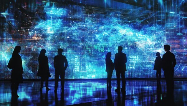 Silhouetted businesspeople observing a large digital data visualization.