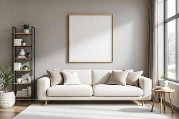 Modern living room with blank framed poster on wall, beige sofa, pillows, wooden furniture, and natural light from window.