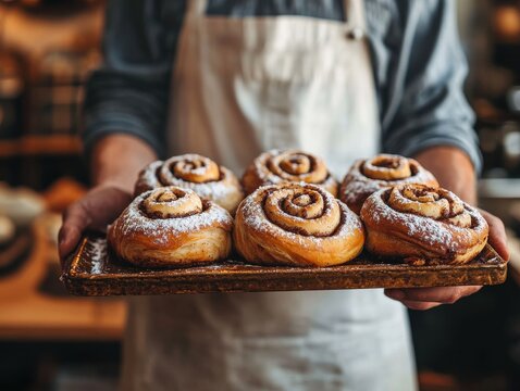 Portrait of a baker holding a tray of freshly baked cinnamon rolls in a cozy bakery kitchen
