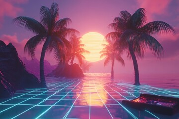 Fototapeta premium Sunset over water with palm trees and neon grid aesthetic in tropical paradise scene