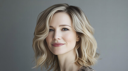 Fototapeta premium Professional portrait of a blonde woman with wavy hair and a bright smile, showcasing natural beauty and confidence in a minimalist gray studio setting