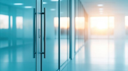A modern office corridor with glass walls and a sleek door handle, illuminated by warm sunlight streaming in from outside.