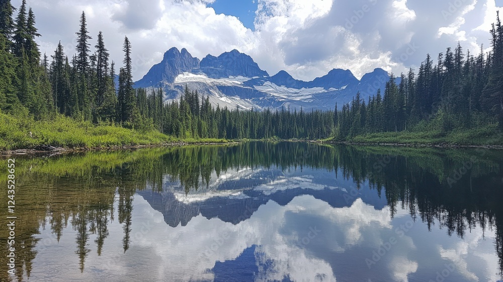 Poster mountain range reflected in tranquil lake surrounded by lush forest under cloudy skies