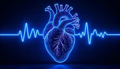 Neon heart with ECG line, futuristic design, digital art for health awareness campaign
