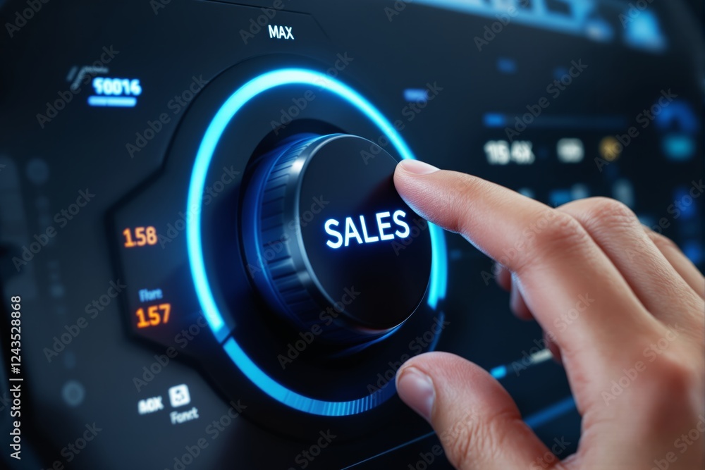Poster close-up of a hand turning a glowing sales knob on a futuristic dashboard in blue light.