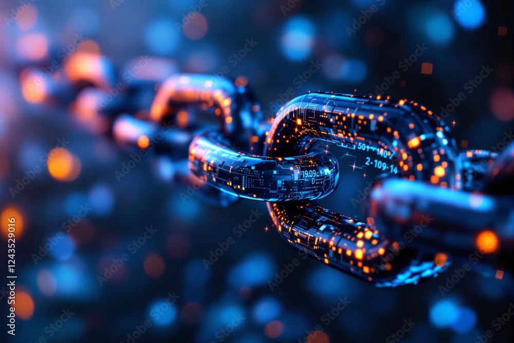 Poster Close-up of a glowing digital blockchain chain with futuristic details.