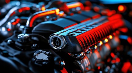 High-Tech Close-Up of a Car Engine with Vibrant Lighting Effects