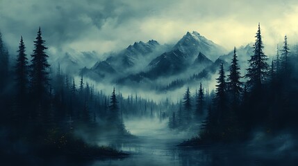 Misty mountain lake forest scene, calm morning