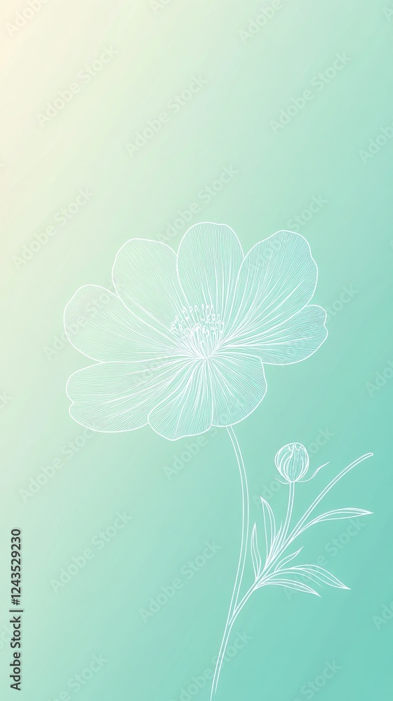 Poster minimalist white flower outlines on a soft gradient background in a serene artistic composition