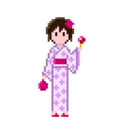 薄紫の浴衣とピンクの帯、リンゴ飴と巾着袋を持った女性の可愛いドット絵 | ピクセルアート