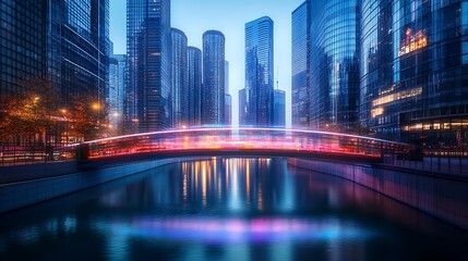 Obraz premium Holographic Bridge: A neon-lit market's futuristic gateway.