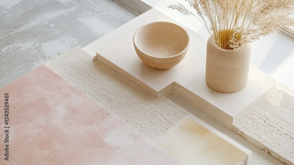 Poster unfinished minimalist artwork featuring pastel amber tones and natural elements in a serene workspac